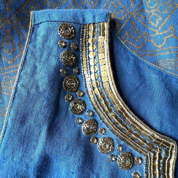 SOFT SURROUNDINGS | NWOT PURE LINEN PERIWINKLE BLUE GOLD BEADED DRESS | MEDIUM - Picture 6 of 9